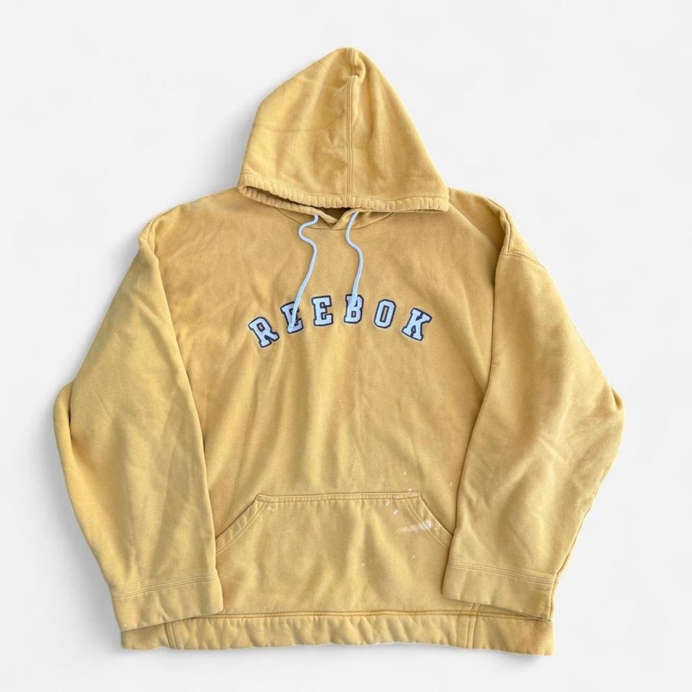 Vintage Reebok Yellow Hoodie Spellout Sweatshirt Mens XXL 90s Retro Sportswear